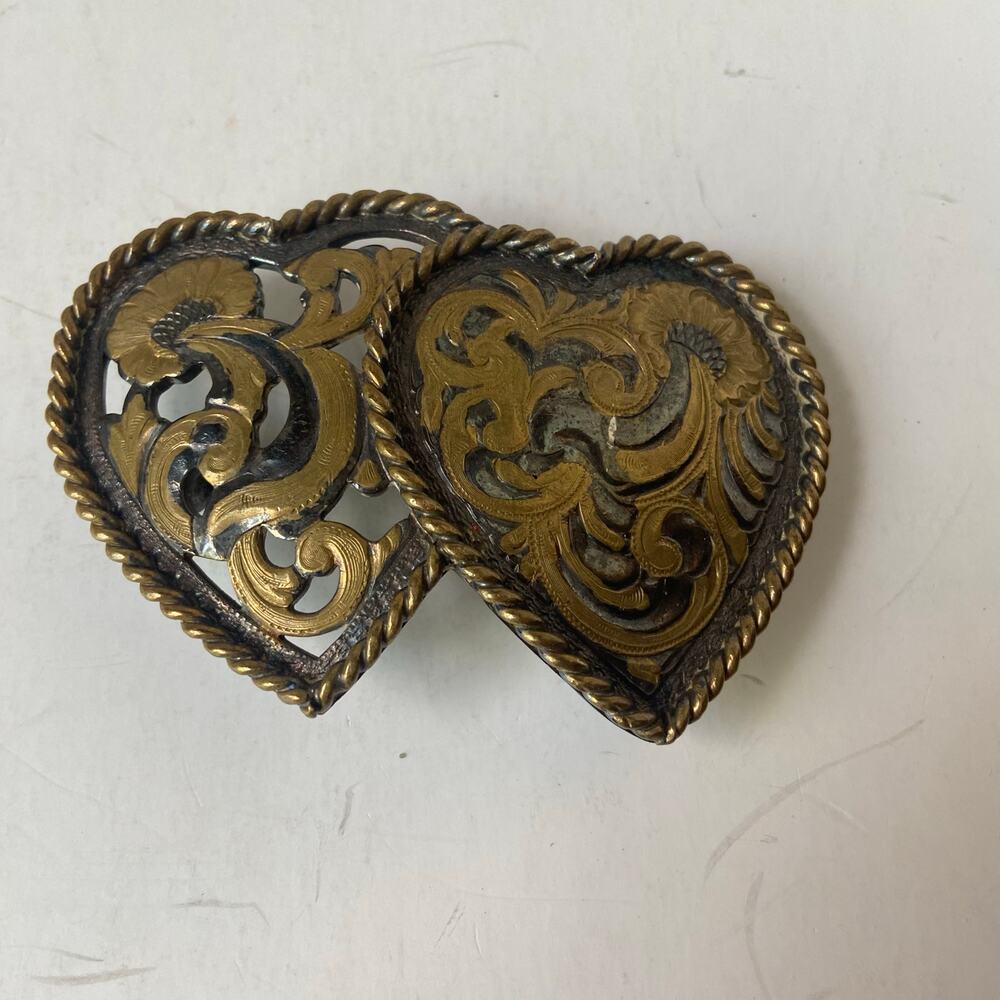 Crumrine Double Heart Western Belt Buckle Two Tone Gold and Black Reno  USA GUC